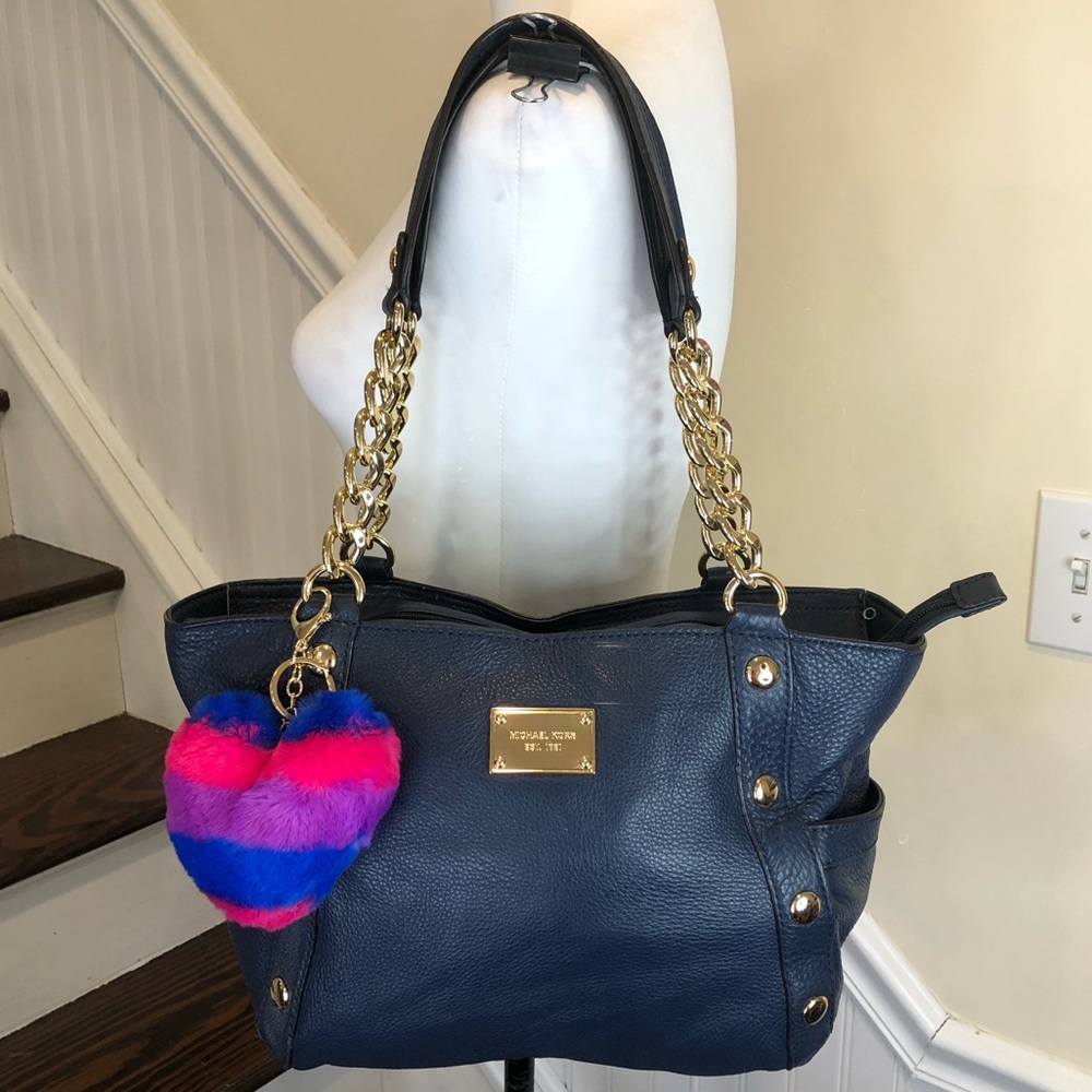 MICHAEL KORS Gold Studded Navy Blue Tumbled Leather Side Pocket Shoulder Bag NWT